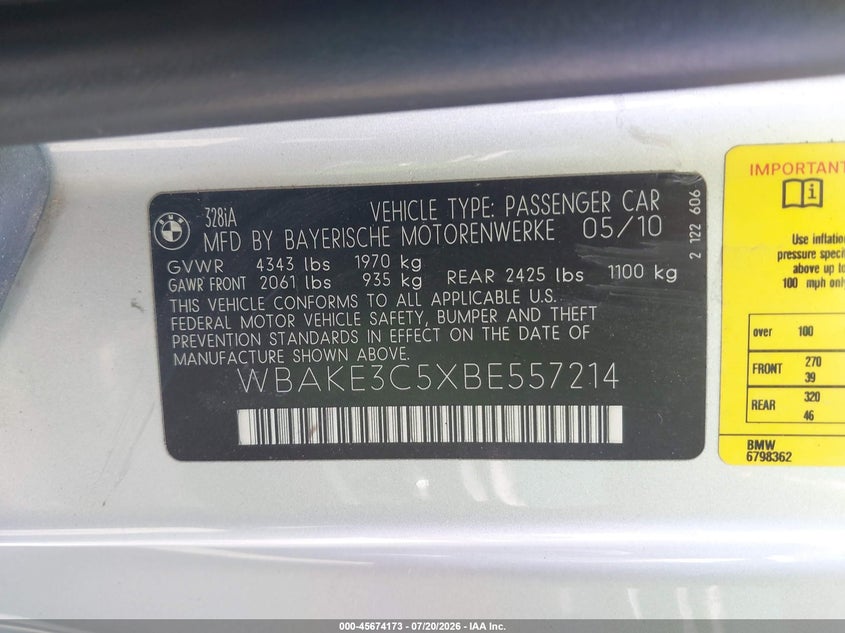 2011 BMW 328I VIN: WBAKE3C5XBE557214 Lot: 45674173