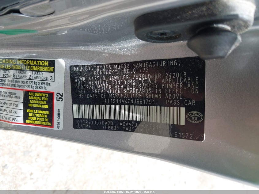 2022 Toyota Camry Se VIN: 4T1S11AK7NU661791 Lot: 45674192