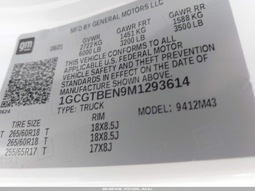 2021 Chevrolet Colorado 4Wd Short Box Wt VIN: 1GCGTBEN9M1293614 Lot: 45674196