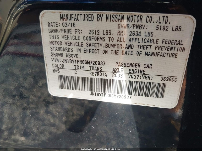 2016 Infiniti Q70L 3.7X VIN: JN1BY1PR6GM720937 Lot: 45674210