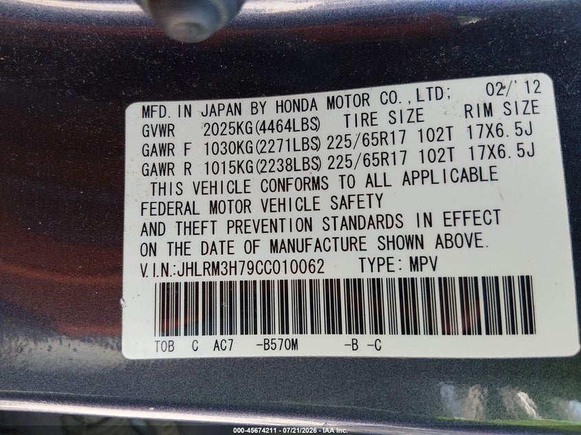 2012 Honda Cr-V Ex-L VIN: JHLRM3H79CC010062 Lot: 45674211