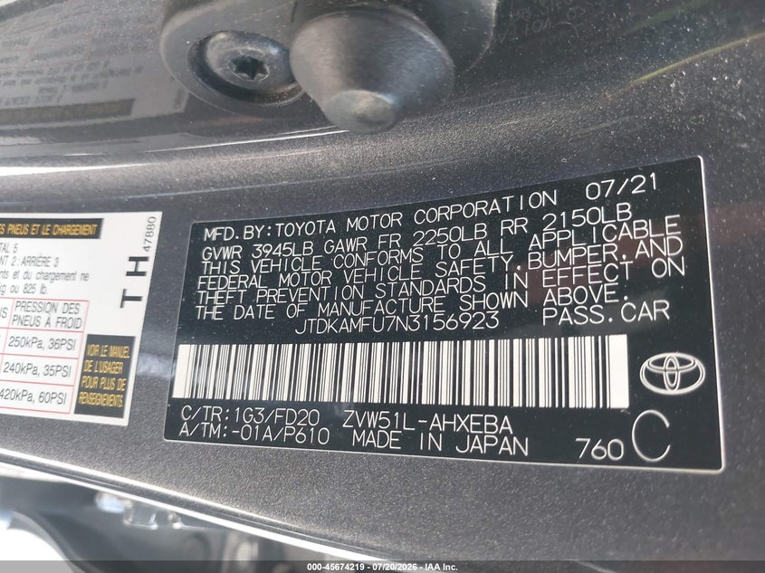 2022 Toyota Prius Le VIN: JTDKAMFU7N3156923 Lot: 45674219