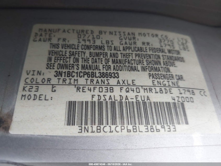 NISSAN VERSA 2011 VIN 3N1BC1CP6BL386933