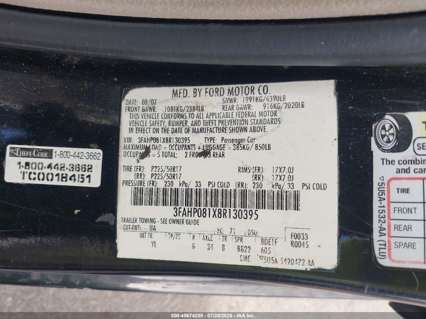 2008 Ford Fusion Sel VIN: 3FAHP081X8R130395 Lot: 45674258
