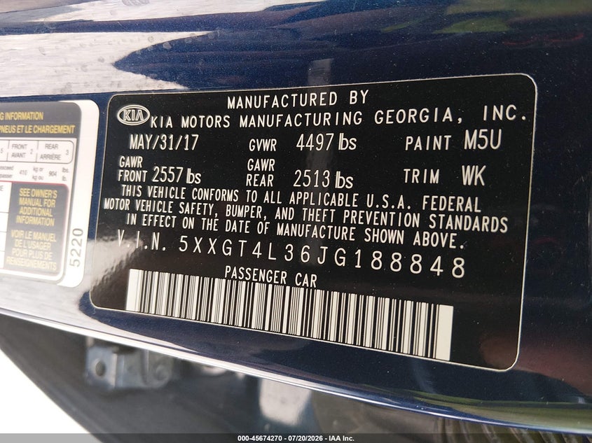 2018 Kia Optima S VIN: 5XXGT4L36JG188848 Lot: 45674270