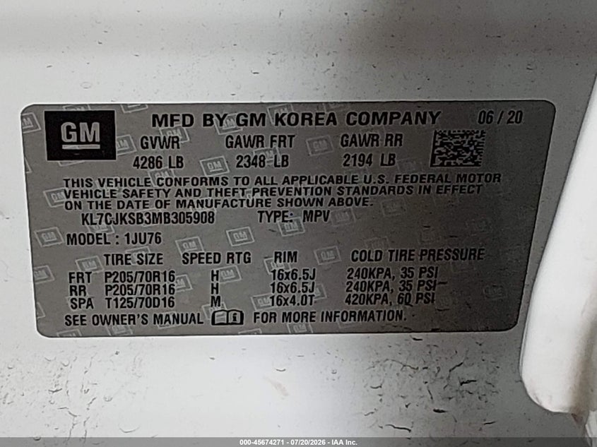 2021 Chevrolet Trax Fwd Ls VIN: KL7CJKSB3MB305908 Lot: 45674271