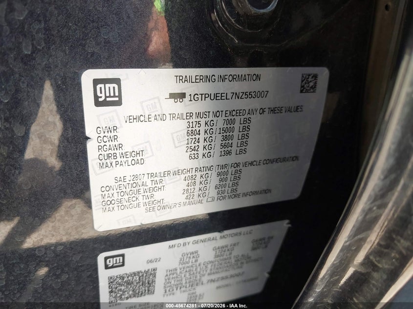 2022 GMC Sierra 1500 4Wd Short Box At4 VIN: 1GTPUEEL7NZ553007 Lot: 45674281