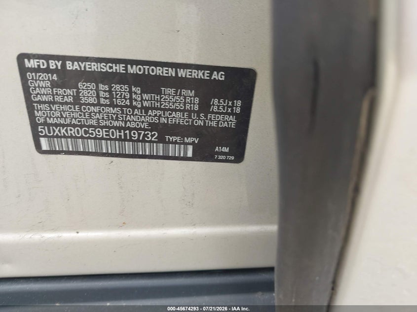 2014 BMW X5 xDrive35I VIN: 5UXKR0C59E0H19732 Lot: 45674293