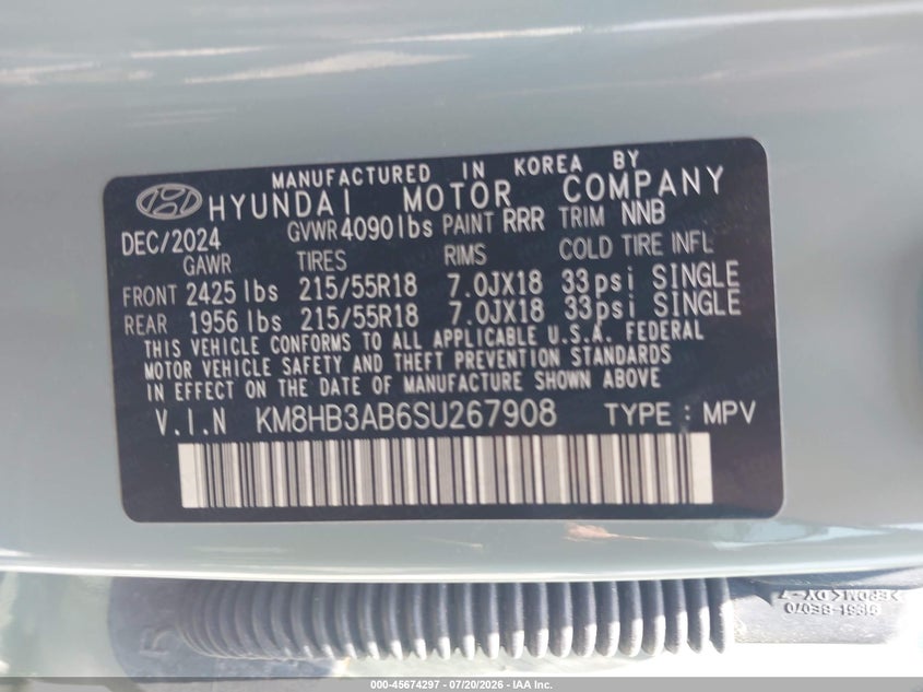 2025 Hyundai Kona Sel VIN: KM8HB3AB6SU267908 Lot: 45674297