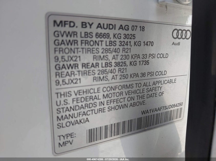 2018 Audi Q7 3.0T Premium VIN: WA1VAAF73JD054250 Lot: 45674299