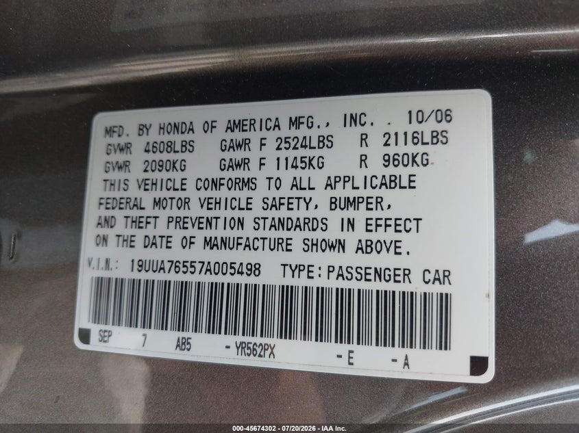 2007 Acura Tl Type S VIN: 19UUA76557A005498 Lot: 45674302
