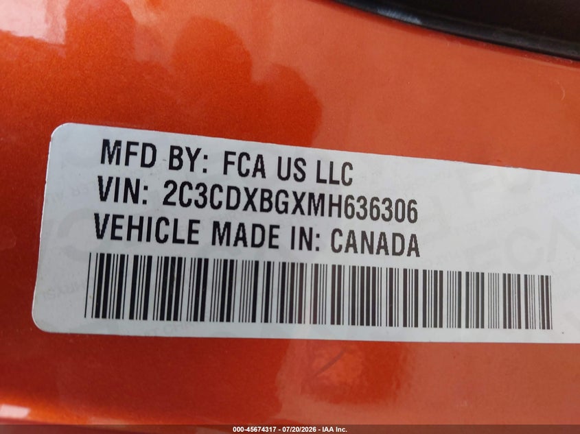 2021 Dodge Charger Sxt Rwd VIN: 2C3CDXBGXMH636306 Lot: 45674317