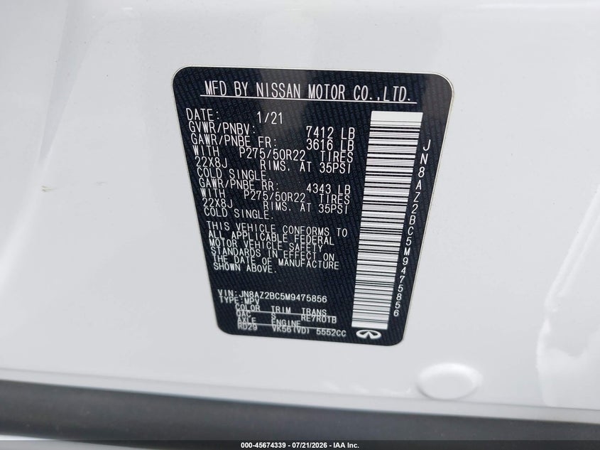 2021 Infiniti Qx80 Sensory Awd VIN: JN8AZ2BC5M9475856 Lot: 45674339