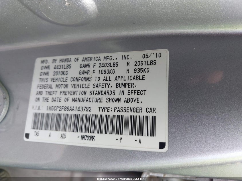 2010 Honda Accord 2.4 Ex-L VIN: 1HGCP2F86AA143792 Lot: 45674345