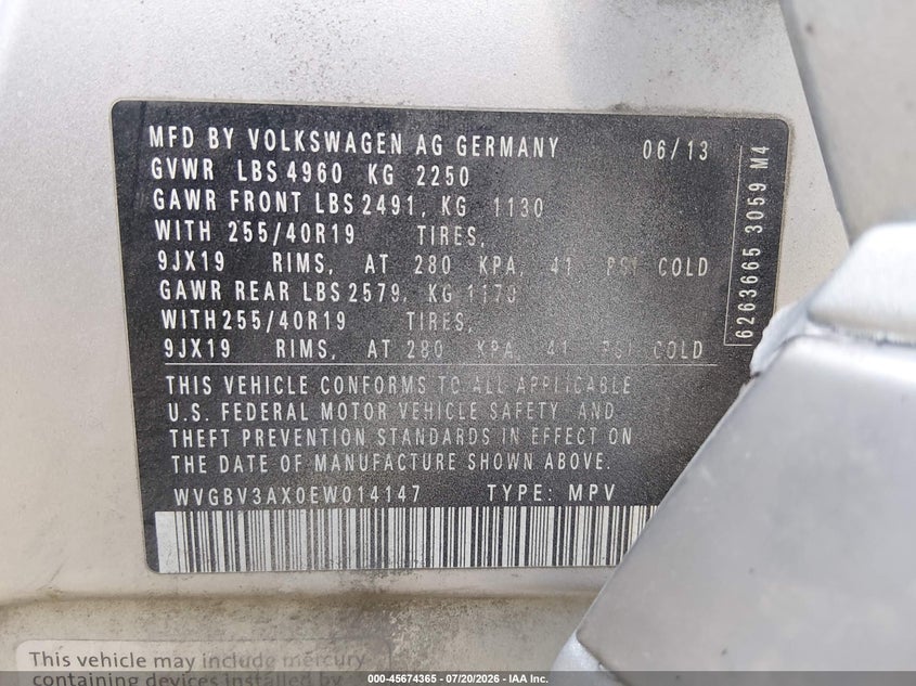 2014 Volkswagen Tiguan R-Line VIN: WVGBV3AX0EW014147 Lot: 45674365