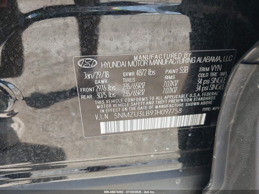 2018 Hyundai Santa Fe Sport 2.4L VIN: 5NMZU3LB9JH097758 Lot: 45674392