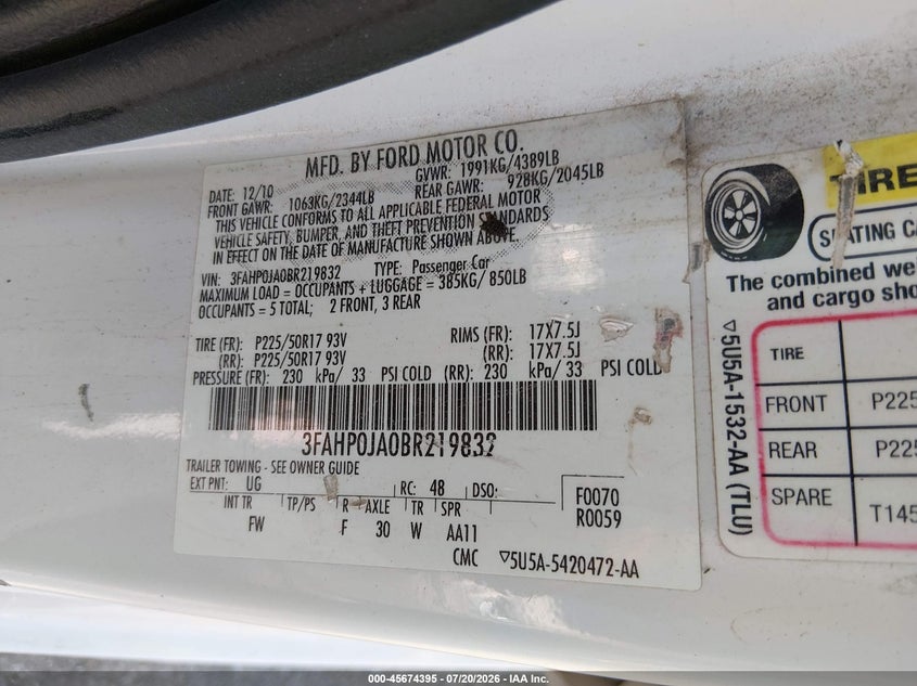 2011 Ford Fusion Sel VIN: 3FAHP0JA0BR219832 Lot: 45674395