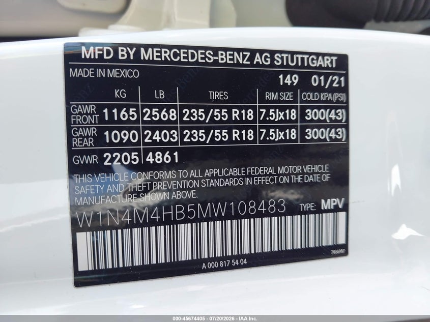 2021 Mercedes-Benz Glb 250 4Matic VIN: W1N4M4HB5MW108483 Lot: 45674405