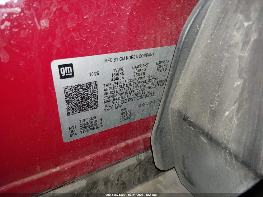 2026 Chevrolet Trax Fwd 1Rs VIN: KL77LGEP3TC046331 Lot: 45674409