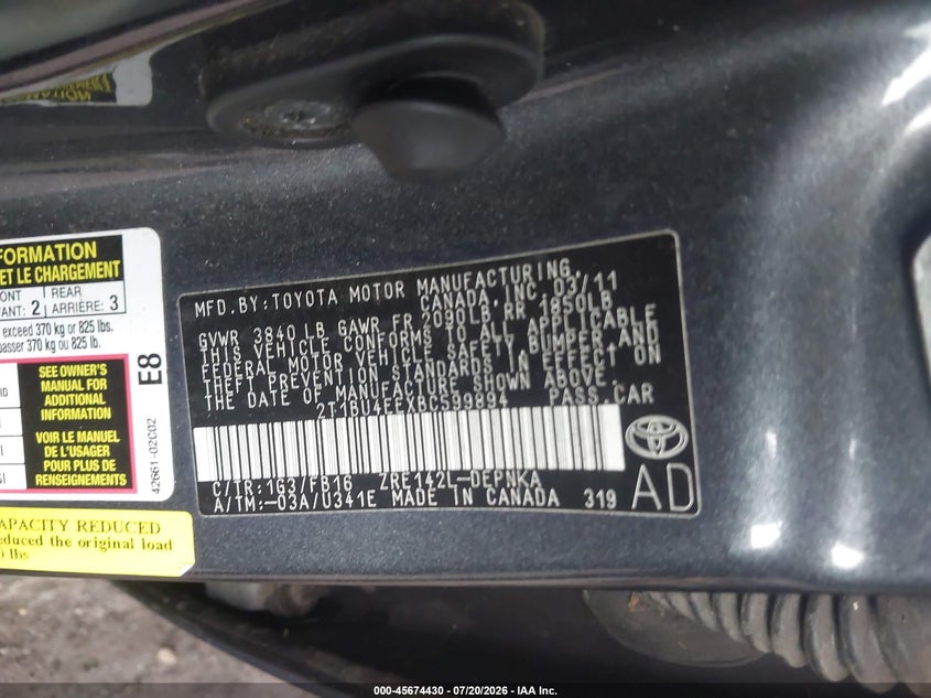 2011 Toyota Corolla Le VIN: 2T1BU4EEXBC599894 Lot: 45674430