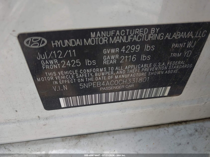 2012 Hyundai Sonata Gls VIN: 5NPEB4AC0CH331801 Lot: 45674447