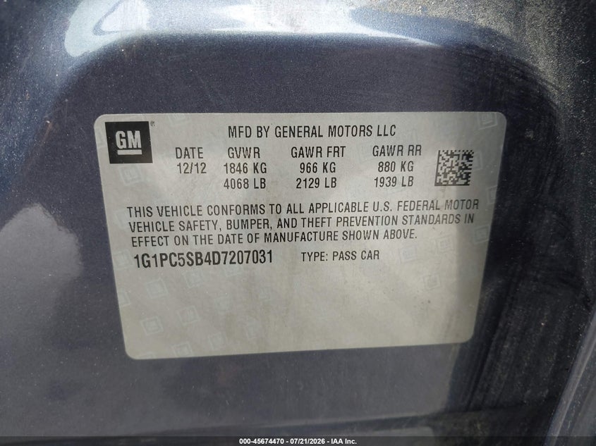 2013 Chevrolet Cruze 1Lt Auto VIN: 1G1PC5SB4D7207031 Lot: 45674470