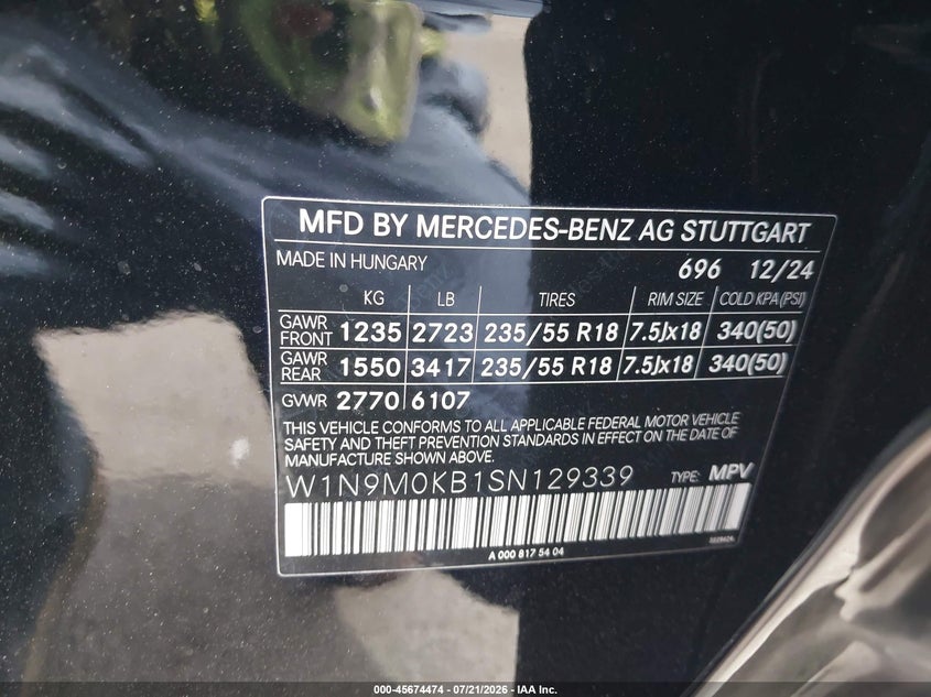 2025 Mercedes-Benz Eqb 300 Suv 4Matic VIN: W1N9M0KB1SN129339 Lot: 45674474