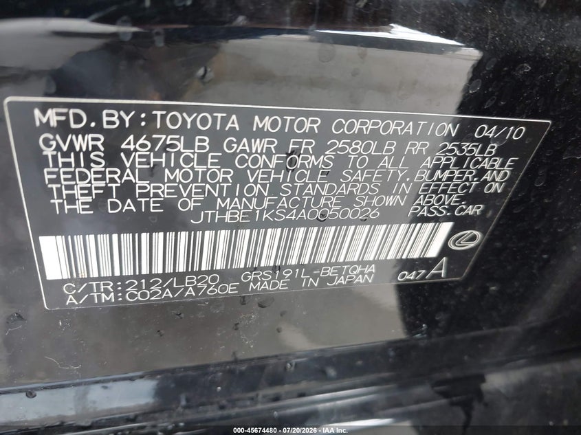 2010 Lexus Gs 350 VIN: JTHBE1KS4A0050026 Lot: 45674480