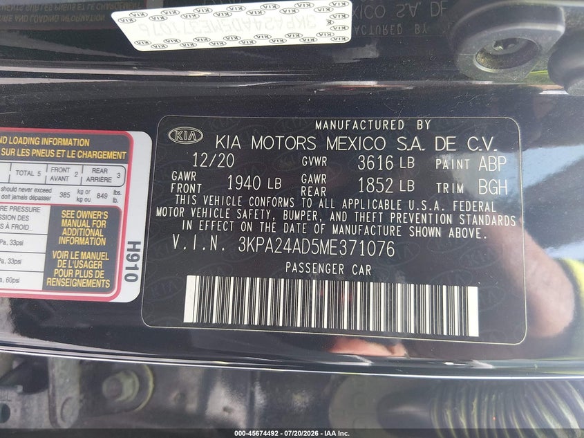 2021 Kia Rio S VIN: 3KPA24AD5ME371076 Lot: 45674492