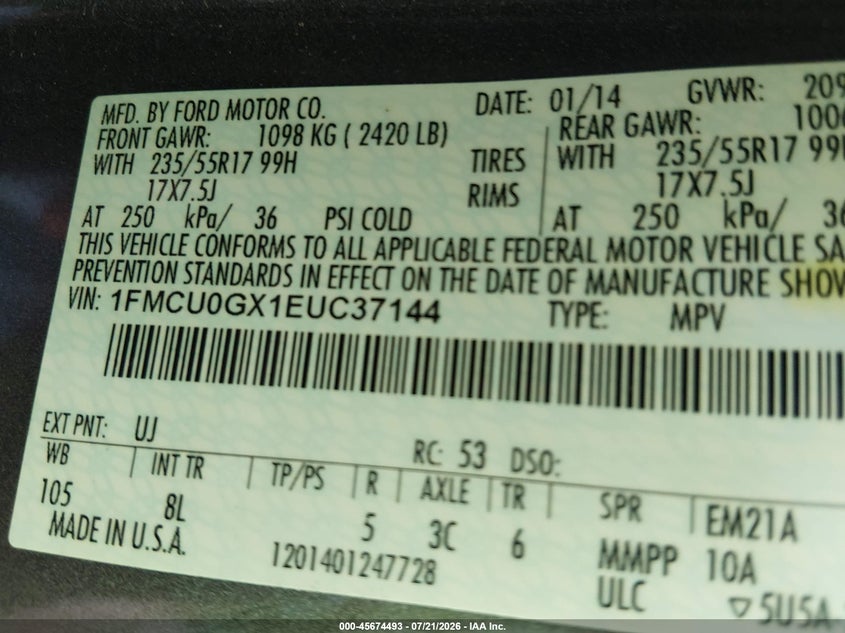 2014 Ford Escape Se VIN: 1FMCU0GX1EUC37144 Lot: 45674493