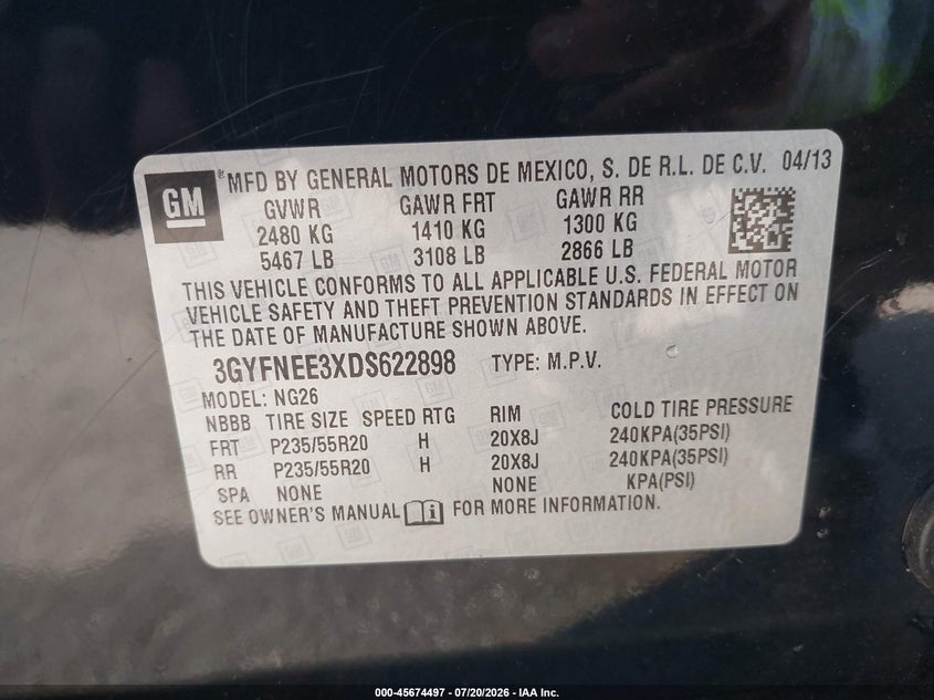2013 Cadillac Srx Premium Collection VIN: 3GYFNEE3XDS622898 Lot: 45674497