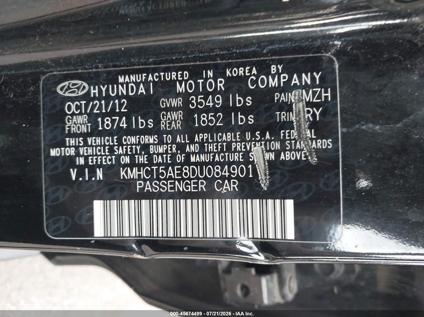 2013 Hyundai Accent Gs VIN: KMHCT5AE8DU084901 Lot: 45674499