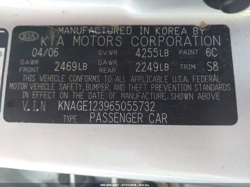 2006 Kia Optima Ex (New)/Lx (New) VIN: KNAGE123965055732 Lot: 45674557