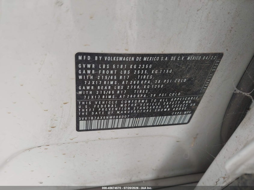 2022 Volkswagen Tiguan 2.0T S VIN: 3VV1B7AX6NM098007 Lot: 45674570
