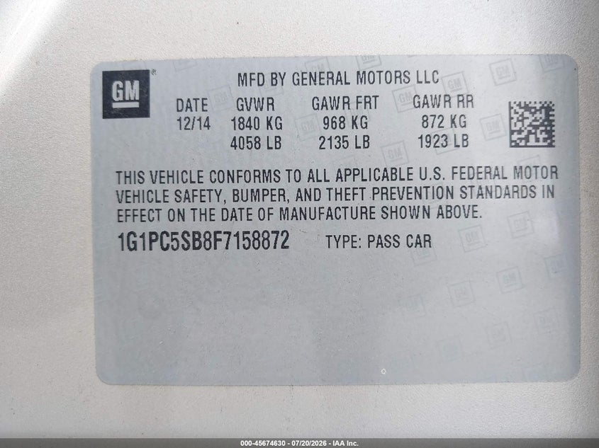 2015 Chevrolet Cruze 1Lt Auto VIN: 1G1PC5SB8F7158872 Lot: 45674630