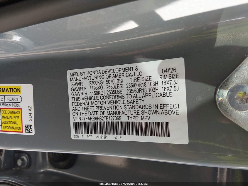 2026 Honda Cr-V Hybrid Awd Sport-L VIN: 7FARS6H82TE127065 Lot: 45674660
