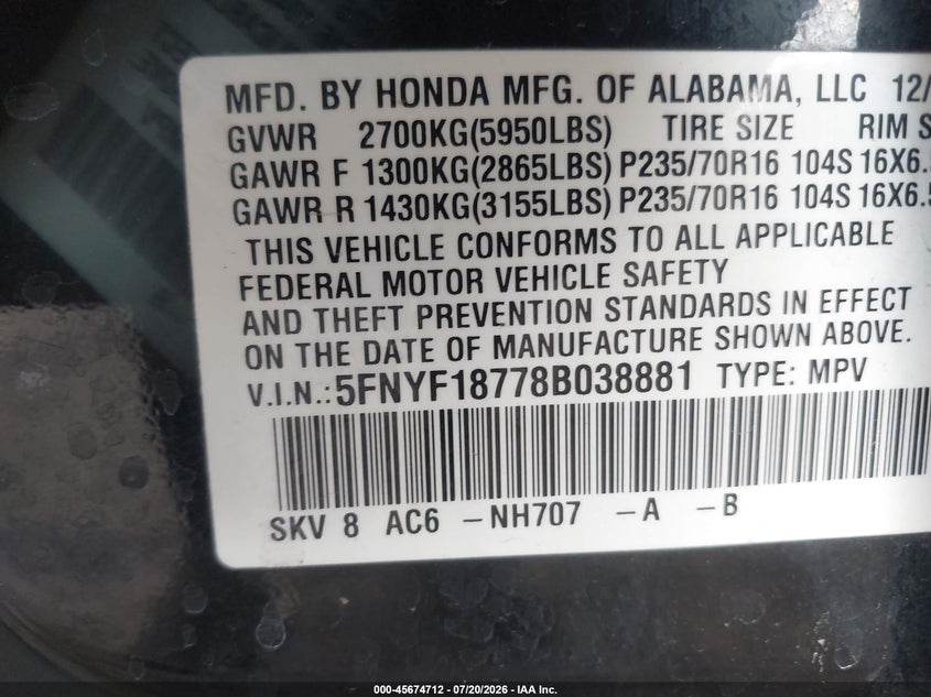 2008 Honda Pilot Ex-L VIN: 5FNYF18778B038881 Lot: 45674712
