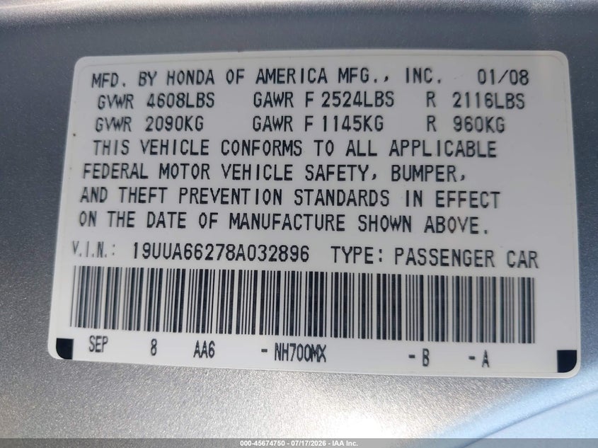 2008 Acura Tl 3.2 VIN: 19UUA66278A032896 Lot: 45674750