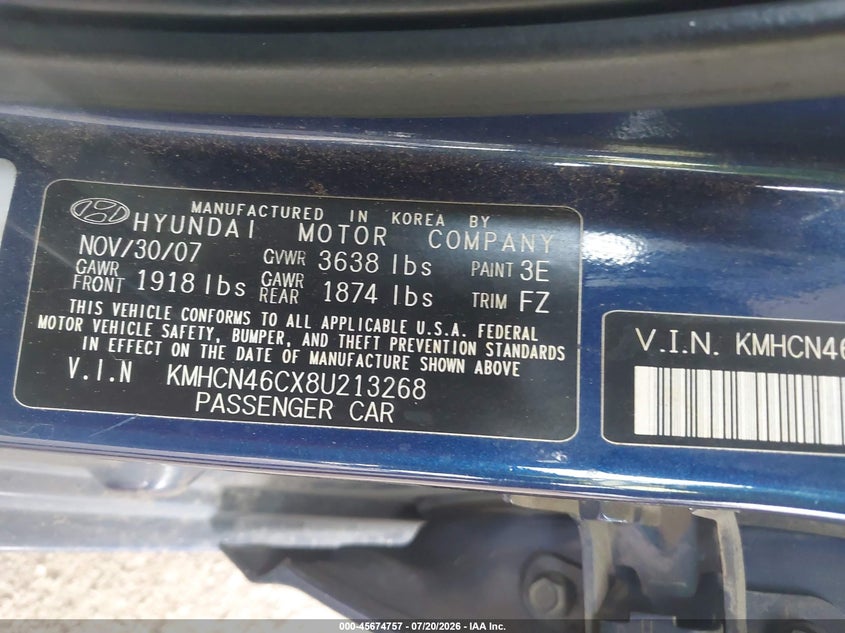 2008 Hyundai Accent Gls VIN: KMHCN46CX8U213268 Lot: 45674757