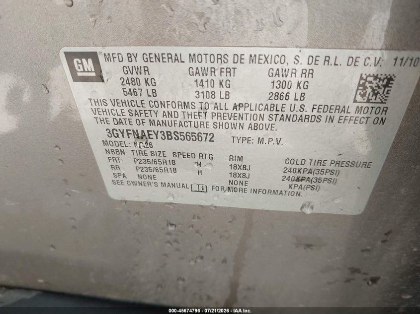 CADILLAC SRX 2011 VIN 3GYFNAEY3BS565672