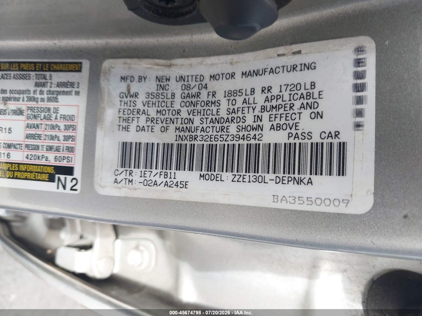 2005 Toyota Corolla Le VIN: 1NXBR32E65Z394642 Lot: 45674798
