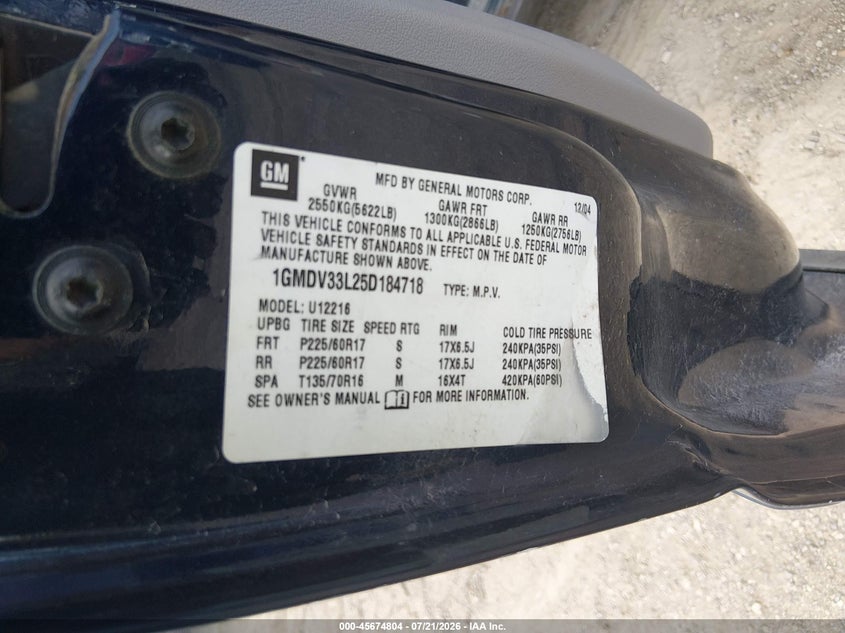 2005 Pontiac Montana Sv6 Fwd VIN: 1GMDV33L25D184718 Lot: 45674804