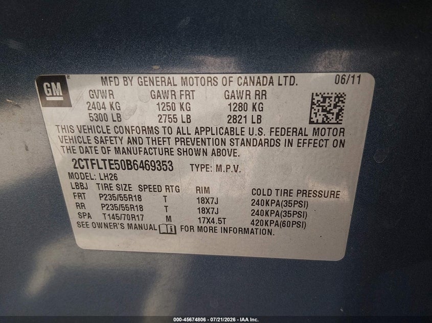 2011 GMC Terrain Sle-2 VIN: 2CTFLTE50B6469353 Lot: 45674806
