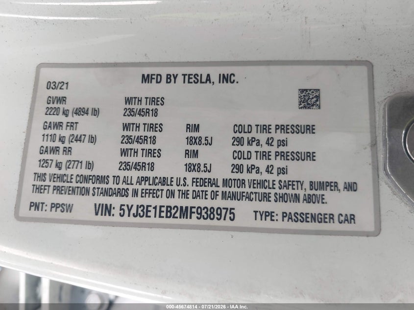 2021 Tesla Model 3 Long Range Dual Motor All-Wheel Drive VIN: 5YJ3E1EB2MF938975 Lot: 45674814