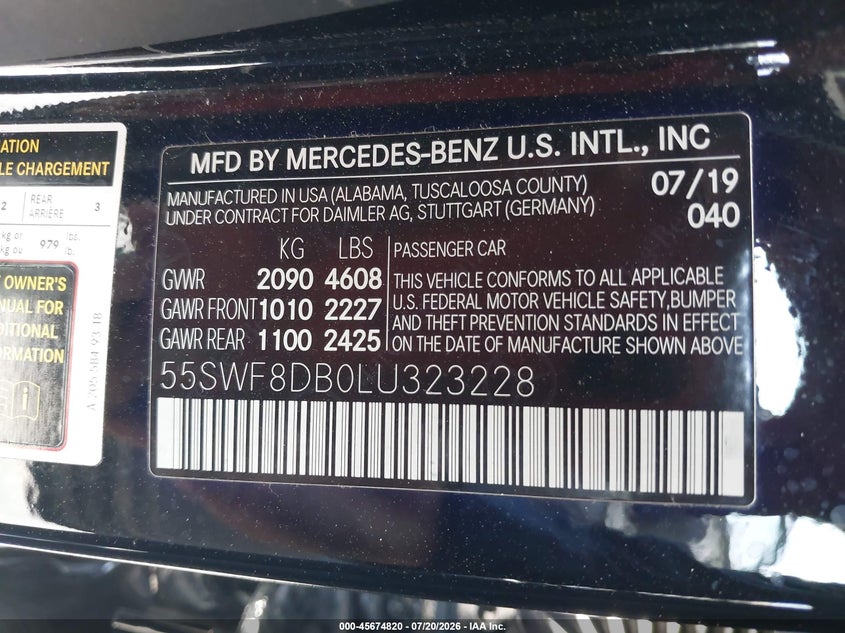 MERCEDES-BENZ C 300 2020 VIN 55SWF8DB0LU323228