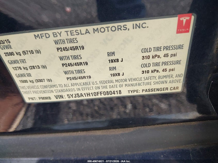 2015 Tesla Model S 60/70/85 VIN: 5YJSA1H10FF080418 Lot: 45674821