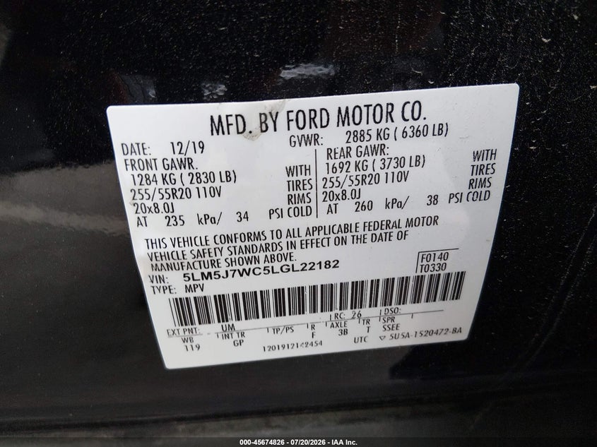 2020 Lincoln Aviator Reserve VIN: 5LM5J7WC5LGL22182 Lot: 45674826