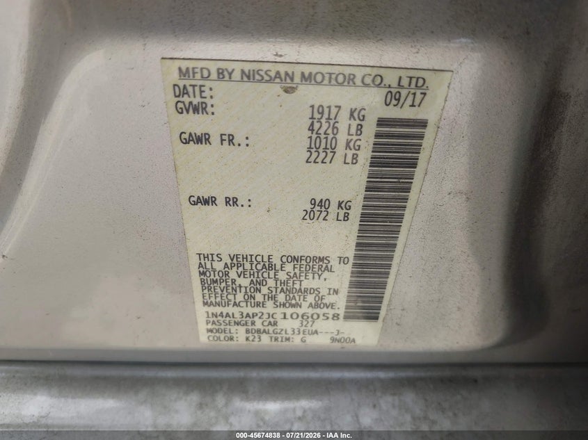 2018 Nissan Altima 2.5 S VIN: 1N4AL3AP2JC106058 Lot: 45674838