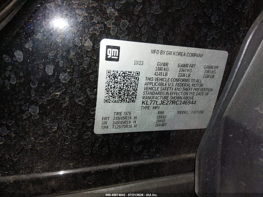 2024 Chevrolet Trax Fwd 2Rs VIN: KL77LJE27RC146944 Lot: 45674842
