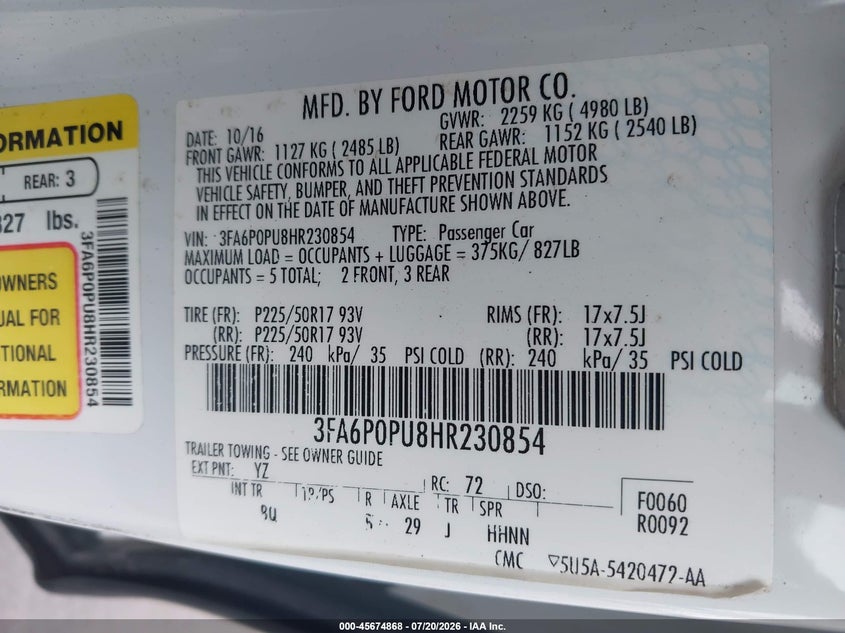 FORD FUSION ENERGI 2017 VIN 3FA6P0PU8HR230854